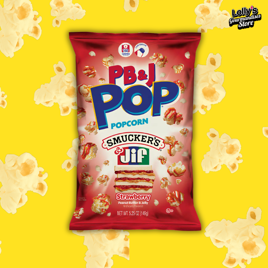 Candy pop Jif - Pop Corn, les pop corn originaux saveur cacahuète et fraise ! Ces pop corn américains sont recouvert d'éclats de saveur sucré dont tu ne vas pas te lasser !