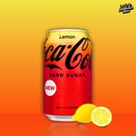 Canette de 250 ml de Coca-Cola Zero Sugar Lemon (USA) avec un design dégradé du jaune au rouge et le logo Coca-Cola en noir, mettant en avant la saveur citronnée et sans sucre.