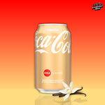 Cette image présente la canette de Coca Cola saveur vanille. Son emballage posssède une couleur crème mettant en avant le logo de la marque en blanc. La canette est disposée sur un fond en dégradé de couleur rouge et crème, et accompagnée de gousses de vanille.