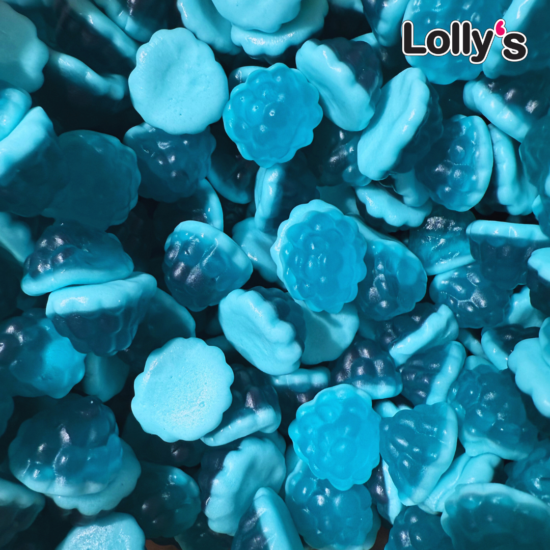 Petits bonbons bleus en forme de framboise et au goût prononcé de framboise sucrée.