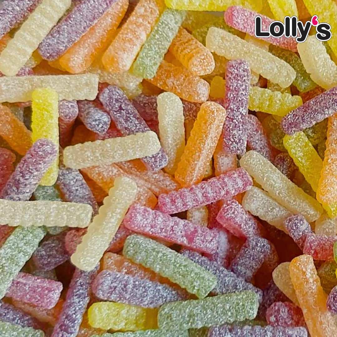 Bonbon en forme de frite, enrobés de sucre et multicolores (rose, violet, jaune, orange, vert...).