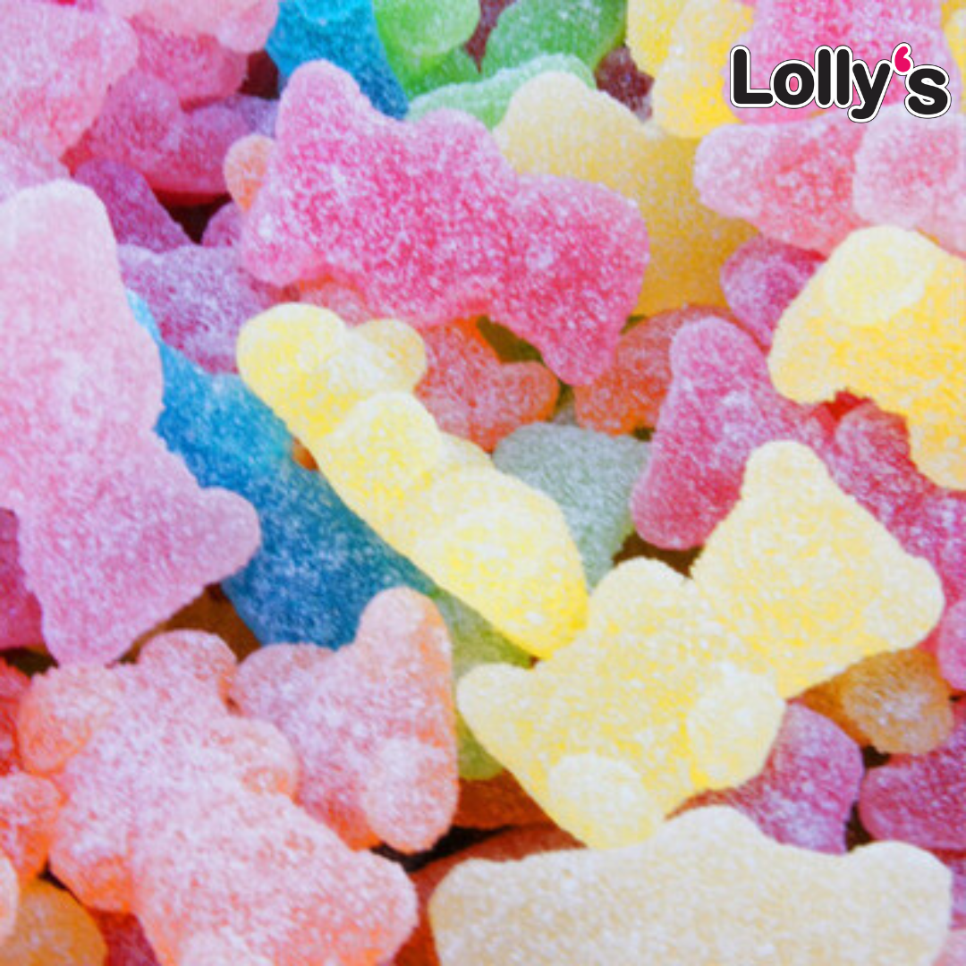 Bonbons en forme d'ours multicolores (jaune, rose, orange, bleu, vert..). Ils sont enrobés de sucre acidulé et ont une texture gélifiée.