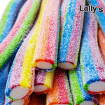 Bonbon en forme de bâton couleur multicolore acide et intérieur blanc en gros plan.