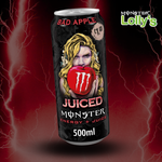 Sur cette image, il y a la Monster Bad Apple au milieu avec un fond noir et des éclairs rouges et un logo Monster x Lolly’s en haut à droite