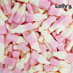 Bonbon en forme de bouteille, goût milkshake à la fraise de couleur blanche et rose clair