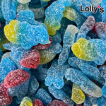 Bonbons Schtroumpfs bleus avec chapeau jaune, rouge et blanc. Ils sont entourés de sucre légèrement acidulé.