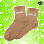Chaussettes à paillettes marron/bronze avec écrit "brunette" au niveau de la cheville