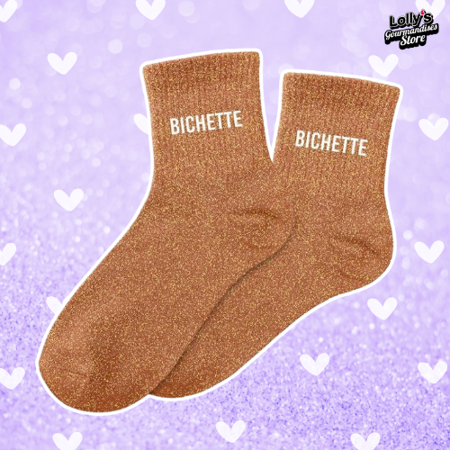 Chaussettes à paillettes orange foncé avec écrit "bichette" au niveau de la cheville