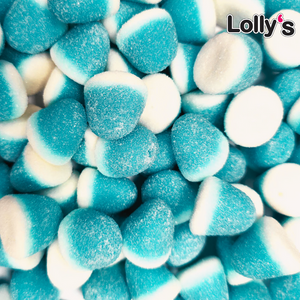Image  de bonbons ronds, bleus et blancs. Légèrement entourés de sucre avec une texture moelleuse.