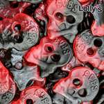 Bubs Rasberry Liquorice 100g, des bonbons originaux en forme de tête de mort, il combine la saveur de la framboise à celle de la réglisse. 