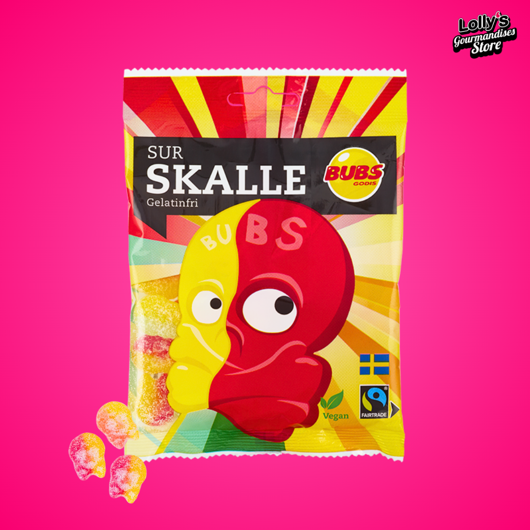 Bubs tête de mort banane / framboise, petits bonbons tête de mort dans un sachet e 90g.