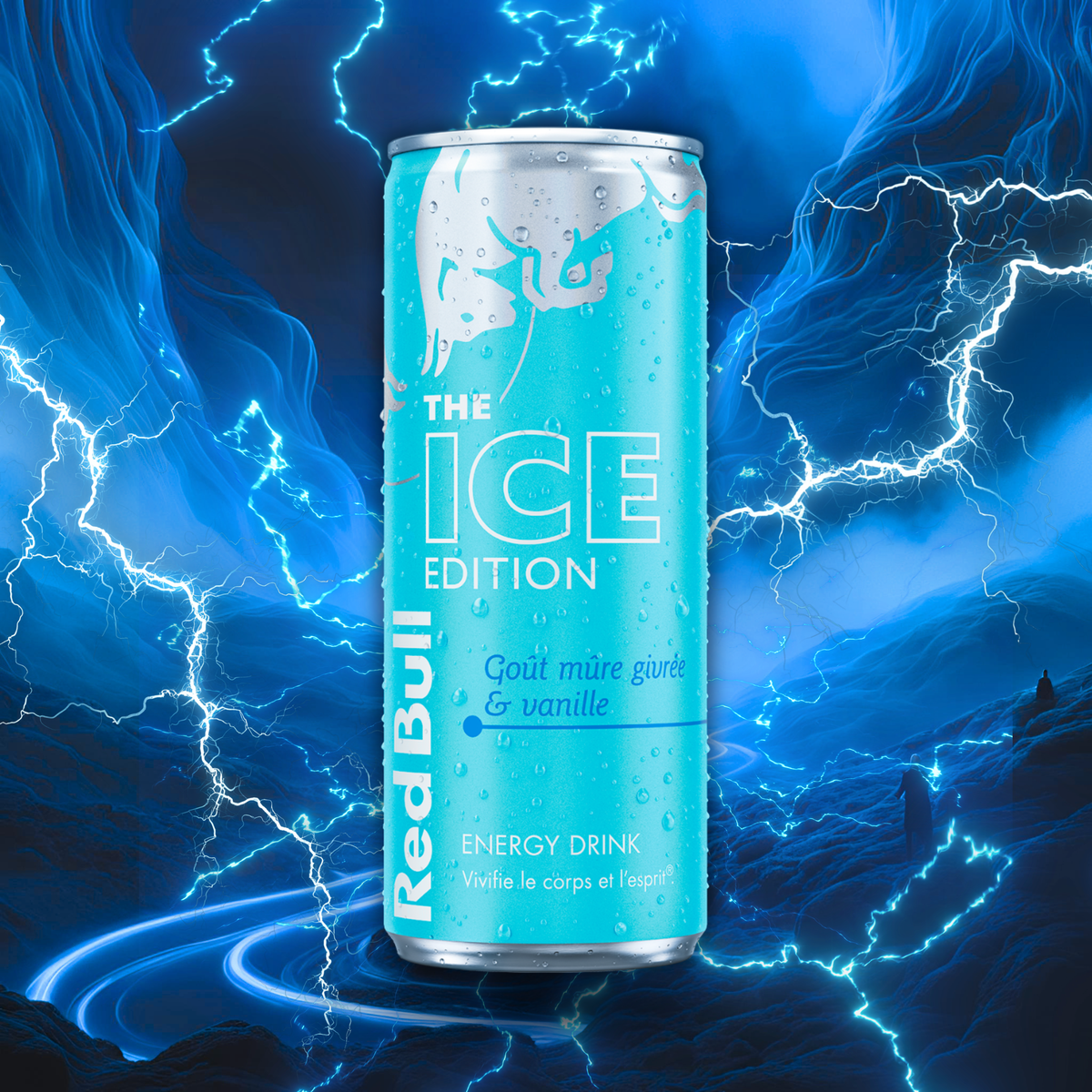 Boisson énergisante, Redbull saveur mûre givrée et vanille, cannette bleu.