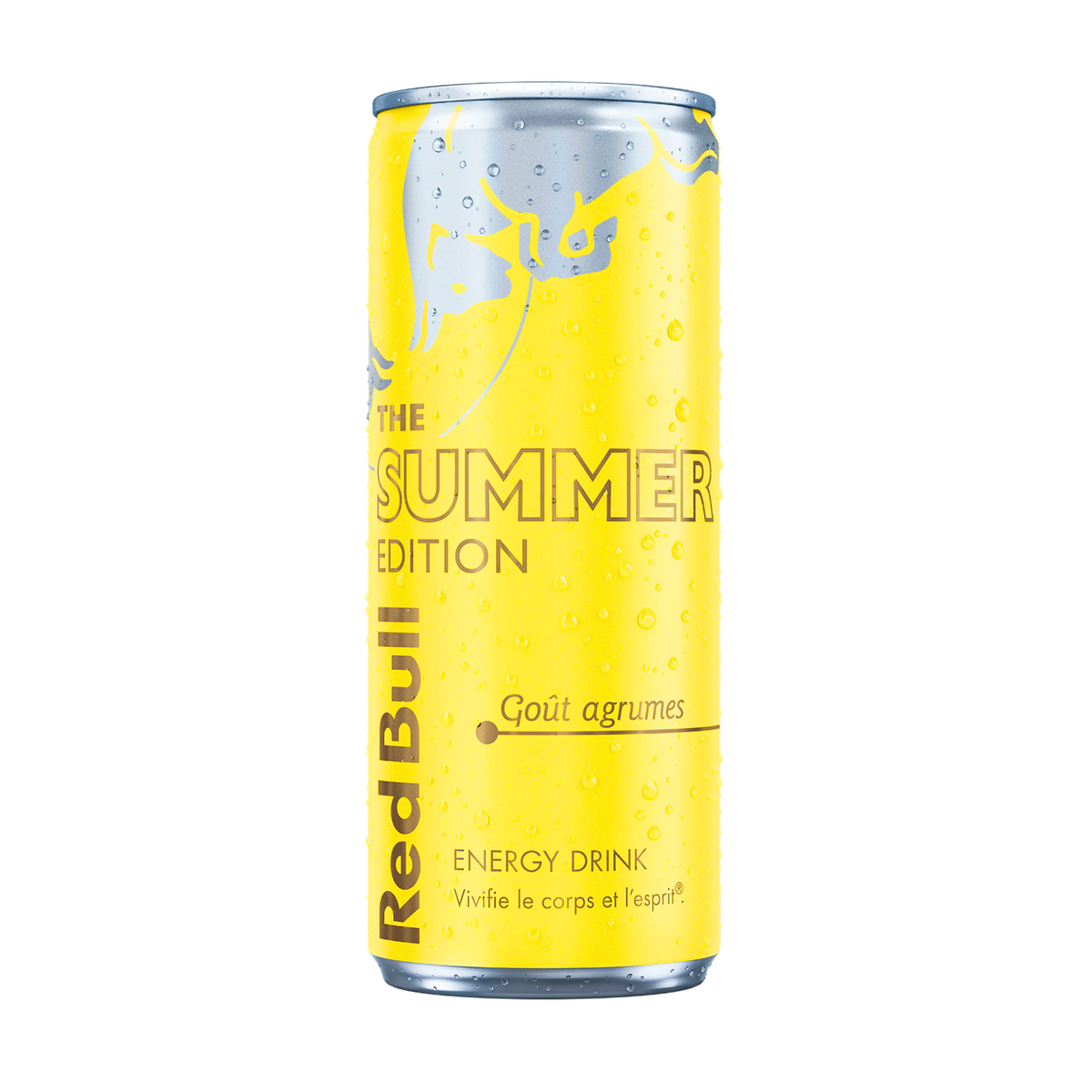 Nouvelle boisson Redbull saveur agrumes. Cannette de Redbull jaune.