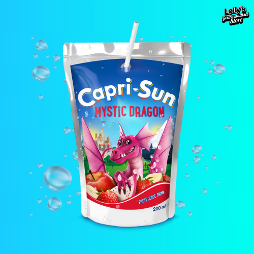 Capri Sun Mistic Dragon, boisson sucrée saveur pomme, fraise, banane, fruit du dragon. 
