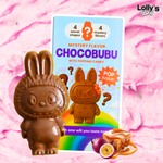 Tablette de chocolat fourrée au goût mystère. Saveur gourmande. Chocolat en forme de Labubu. 