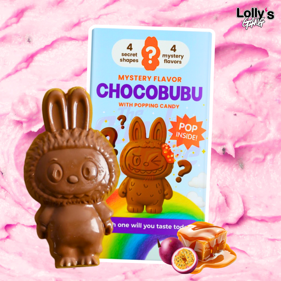 Tablette de chocolat fourrée au goût mystère. Saveur gourmande. Chocolat en forme de Labubu. 
