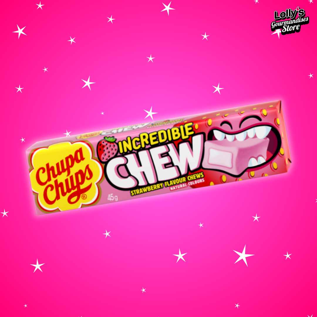 Chupa Chups Chewy Strawberry, pâte moelleuse, bonbon moelleux à la fraise. 
