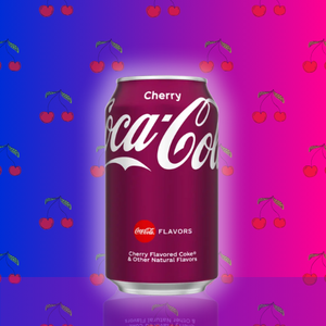 l'emblématique boisson Coca Cola Cherry se présente dans une canette de couleur violette. Cette dernière est disposée sur un fond en dégradé de bleu et de rose, recouvert d'icônes cerise pour rappeler la saveur de la boisson. 