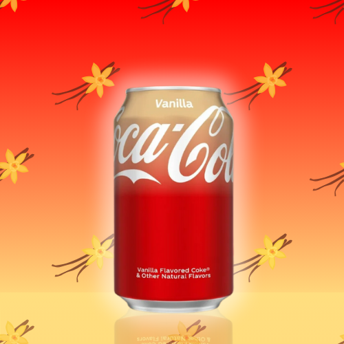 Cette image présente la canette de Coca Cola saveur vanille. Son emballage posssède un dégradé de couleur rouge et crèm, mettant en vaant le logo de la marque américaine. La canette est disposée sur un fond en dégradé de couleur rouge et crème, faisant écho au design de la canette. de petites gousses de vanille (en transparence) apparaissent en arrière plan. 