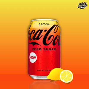 Canette de 250 ml de Coca-Cola Zero Sugar Lemon (USA) avec un design dégradé du jaune au rouge et le logo Coca-Cola en noir, mettant en avant la saveur citronnée et sans sucre.