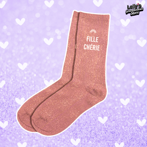 Chaussettes à paillettes rose foncé avec écrit "fiche chérie" au niveau de la cheville