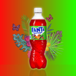 Image d'une bouteille de Fanta Zero Sugar au goût tropical, de couleur rouge, posée sur un arrière-plan coloré dégradé du vert au rouge. Des illustrations de feuilles tropicales et de papillons entourent la bouteille, ajoutant une touche exotique et estivale. Idéale pour ceux qui cherchent une boisson rafraîchissante sans sucre avec une saveur fruitée.