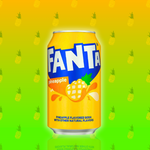 Image d'une canette de Fanta saveur ananas, sur un fond dégradé de jaune et vert avec des motifs d'ananas. La canette est jaune vif avec le logo Fanta en lettres blanches et bleues, accompagnée d'une illustration d'ananas pour rappeler sa saveur tropicale. Une boisson pétillante et fruitée pour les amateurs de saveurs exotiques.