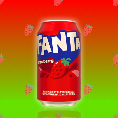 Image d'une canette de Fanta saveur fraise, sur un fond dégradé de rouge et vert avec des motifs de fraises. La canette est rouge avec le logo Fanta en lettres blanches et bleues, accompagnée d'une illustration de fraise pour rappeler sa saveur fruitée. Idéale pour ceux qui cherchent une boisson pétillante au goût de fraise, rafraîchissante et pleine de saveurs.