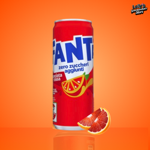 Fanta Zéro Arancia Rossa, saveur orange sanguine, boisson sans sucre, cannette rouge. 