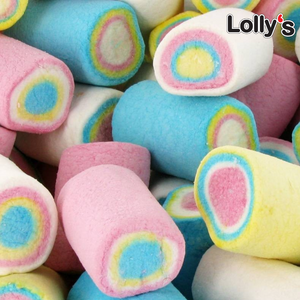 Bonbon marshmallow en forme de rondelle avec une cible au milieu composé de plusieurs couleurs. Le bonbon est de couleur pastel