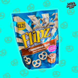 Flipz Cinnamon Bun Pretzels, des bretzels salés enrobés de nappage saveur brioche à la cannelle.