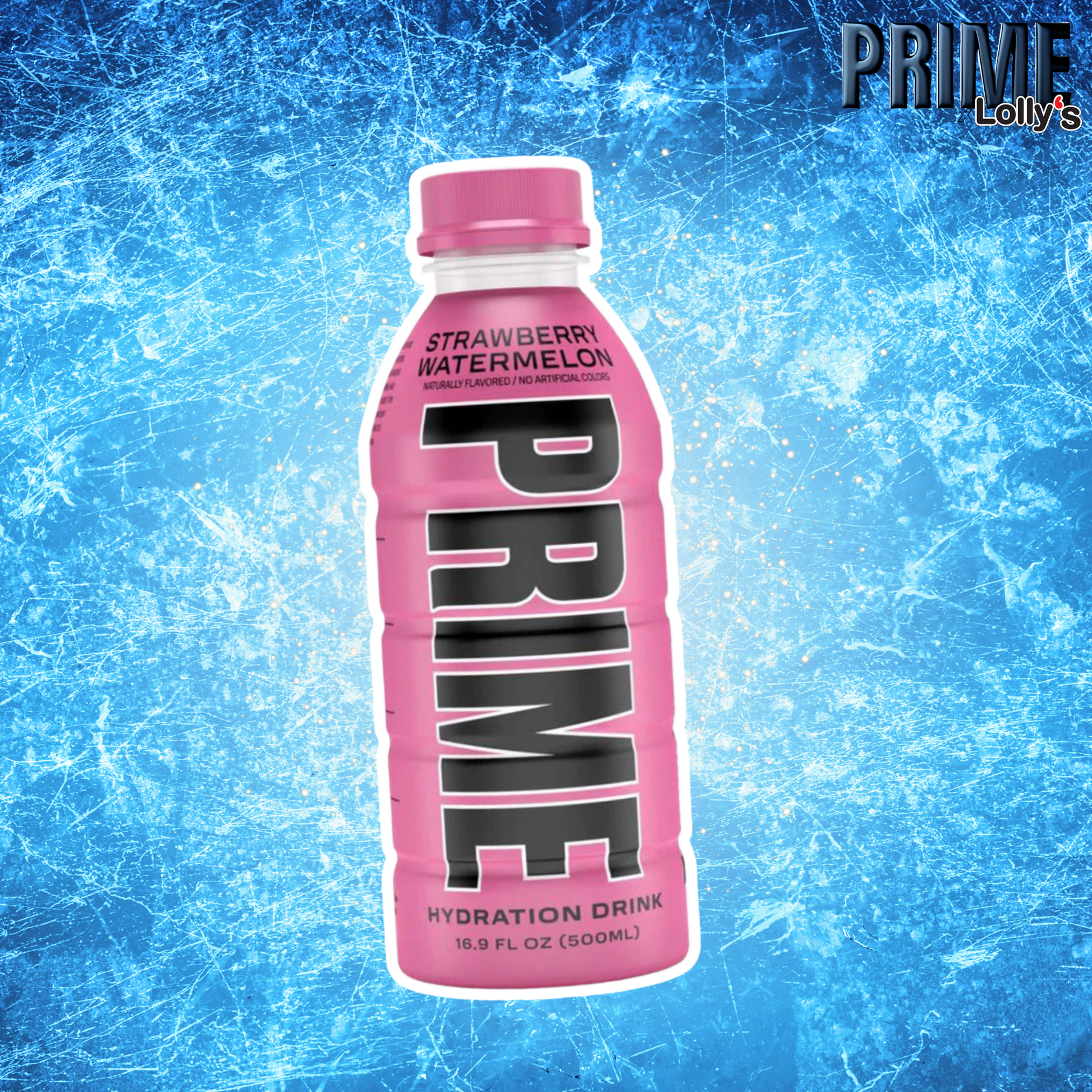 Sur cette image, il y a la Prime Hydratation Strawberry Watermelon au milieu avec un fond bleu et un logo Prime x Lolly’s en haut à droite