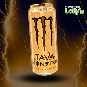 Sur cette image, il y a la Monster Energy Java Mean Bean au milieu avec un fond noir et des éclairs jaunes et un logo Monster x Lolly’s en haut à droite 