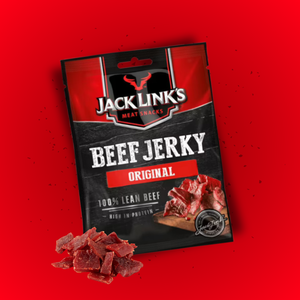 Sur cette image apparaît un sachet de viande séchée saveur original de la marque Jack Link's. Ce sont de délicieux morceaux de viande séchée délicieusement assaisonnés et protéinés. 