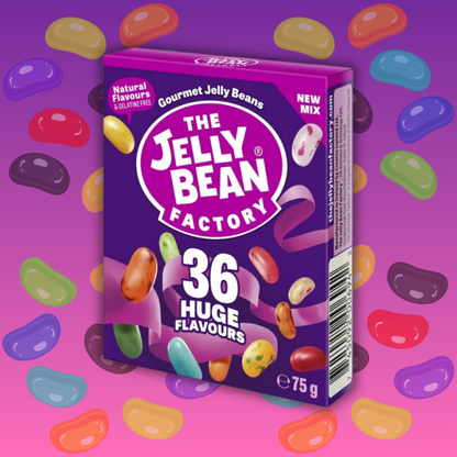 Image d'une boîte rectangulaire contenant un assortiment de bonbons Jelly Beans de couleurs variées, posée sur un fond dégradé violet et rose accompagné de plusieurs haricots colorés. La boîte présente un design coloré avec le logo de la marque 'Jelly Bean Factory' en haut, et des illustrations de haricots colorés. Les bonbons à l'intérieur sont de différentes couleurs, comme le rouge, le vert, le jaune, et l'orange.