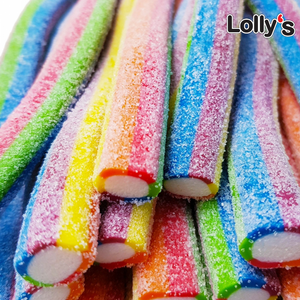 Bonbon en forme de bâton couleur multicolore acide et intérieur blanc en gros plan.