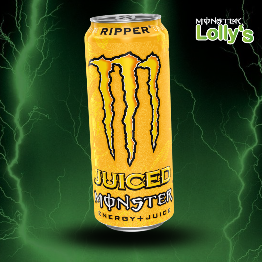 Sur cette image, il y a la Monster Energy Ripper au milieu avec un fond noir et des éclairs vert et un logo Monster x Lolly’s en haut à droite