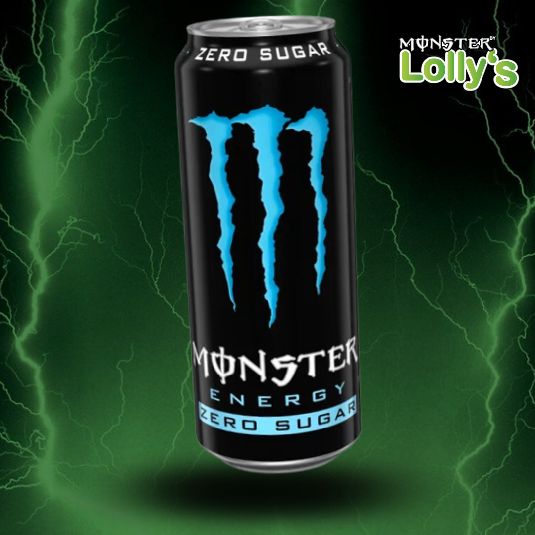 Sur cette image, il y a la Monster Energy Absolutely Zero au milieu avec un fond noir et des éclairs vert et un logo Monster x Lolly’s en haut à droite