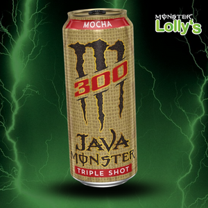 Sur cette image, il y a la Monster Energy Mocha Triple Shot au milieu avec un fond noir et des éclairs vert et un logo Monster x Lolly’s en haut à droite