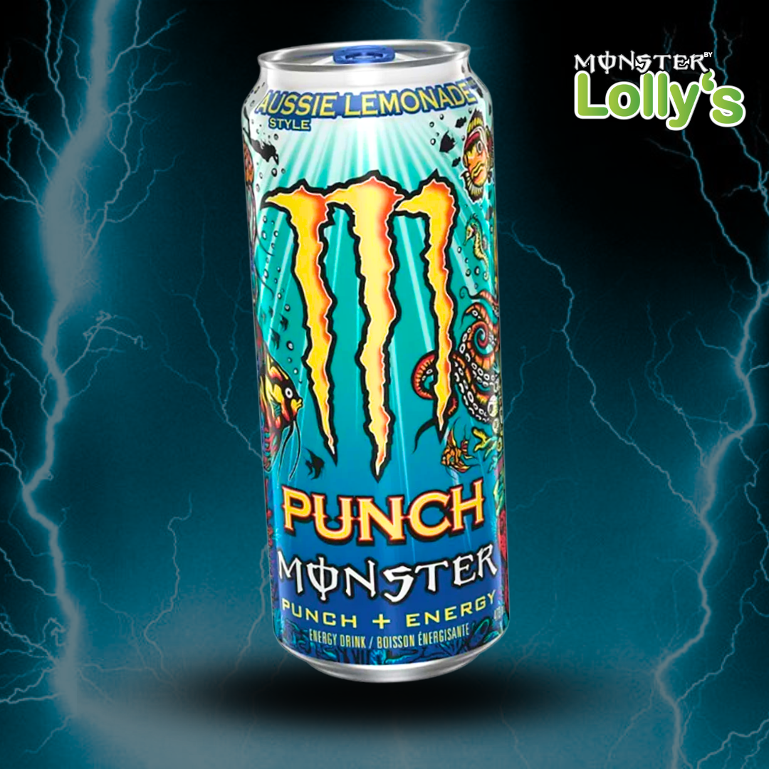 Image d'une Monster nergy Punch Aussie Lemonade sur un fond noir avec des éclairs bleus. En haut à droit le logo  Lolly's accolé au logo Monster.  