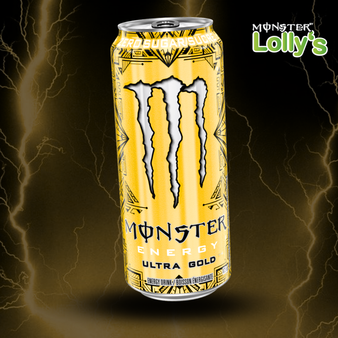 Sur cette image, il y a la Monster Energy Ultra Gold Pineapple au milieu avec un fond noir et des éclairs jaunes et un logo Monster x Lolly’s en haut à droite 