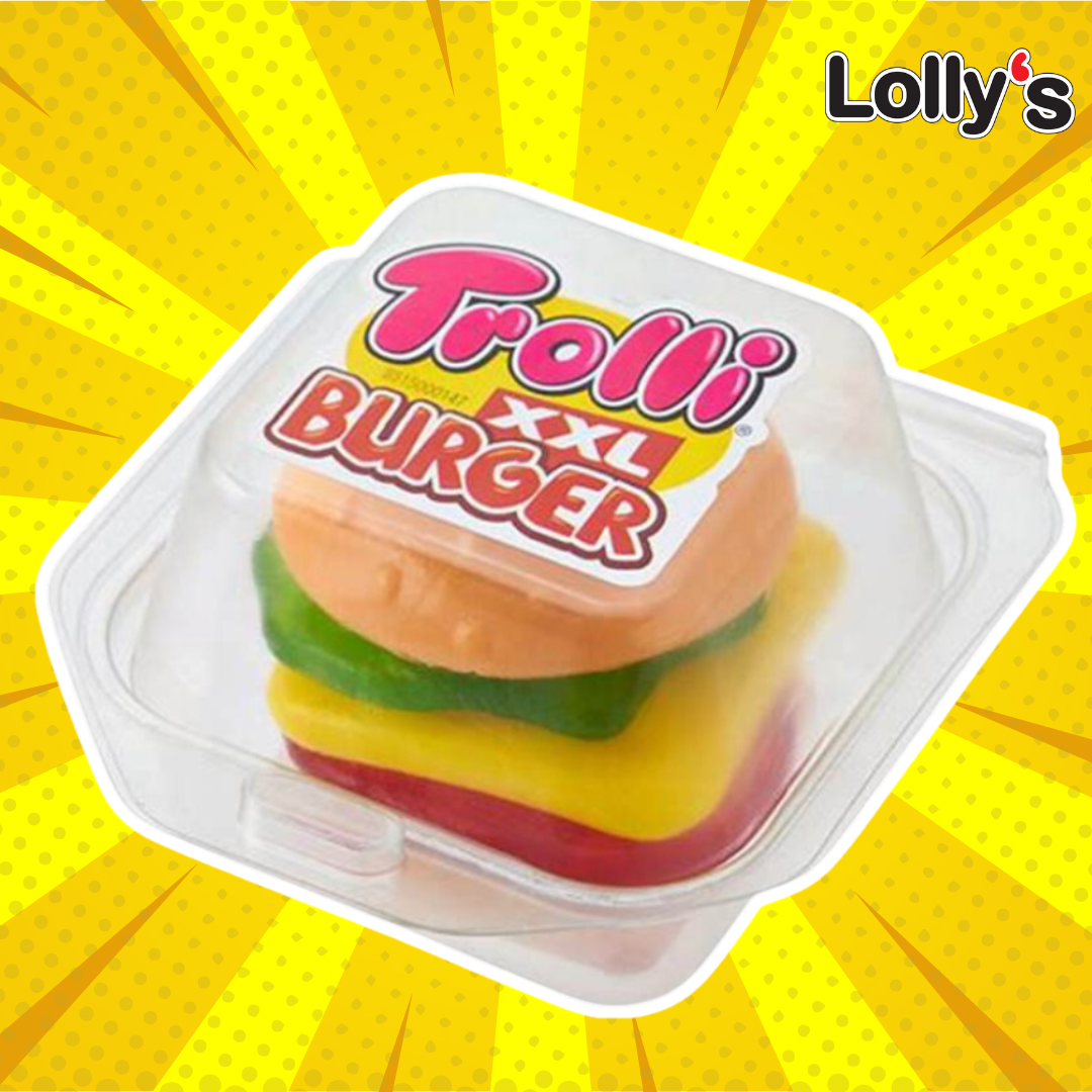 Version XXL du mini burger, cet énorme bonbon en forme de Hamburger est composé de plusieurs tranches de bonbon gélifié.