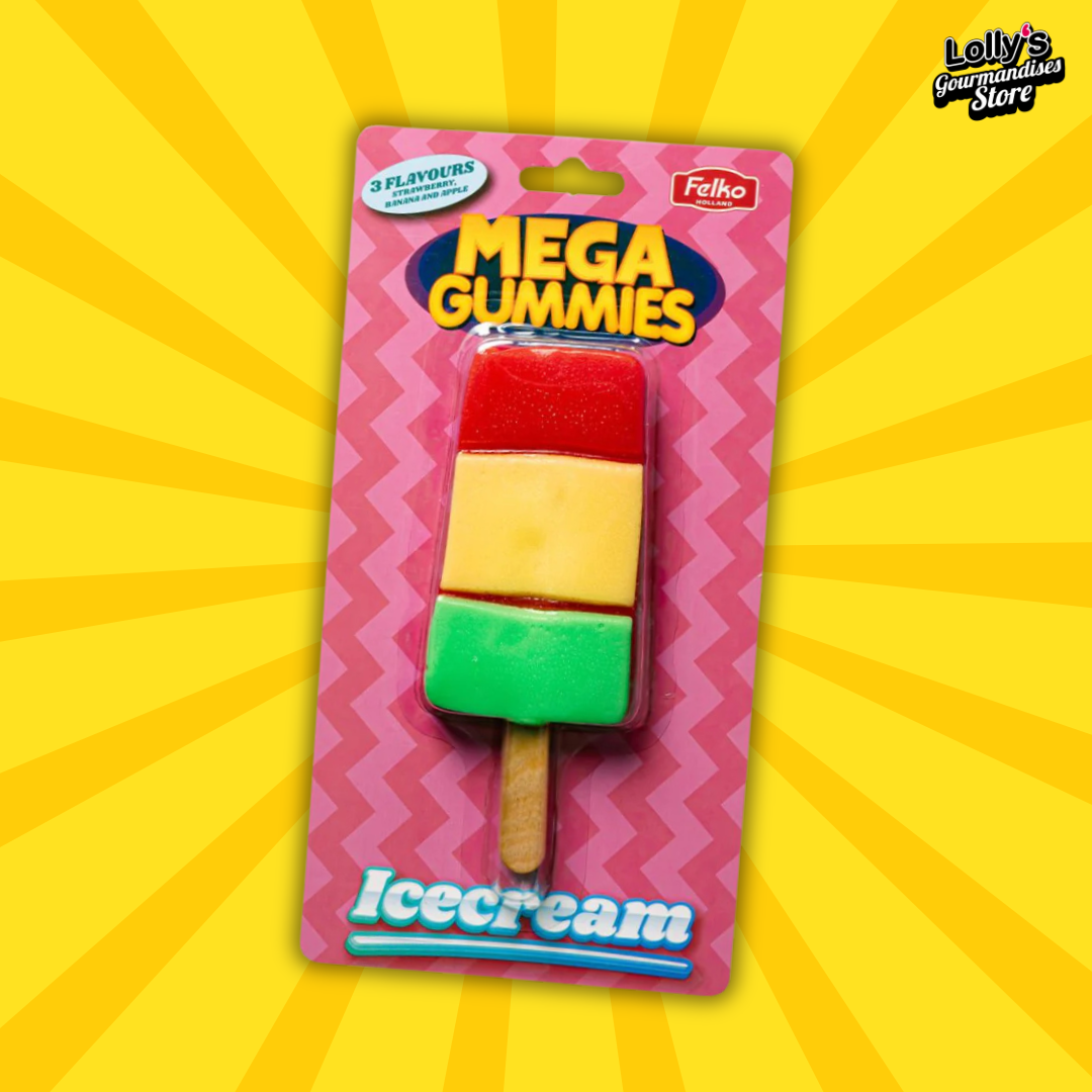 Mega Gummies Ice Cream, le bonbon gélifié en sucette ! Ce bonbon en forme de glace possède trois saveurs : fraise, citron et pomme ! 