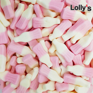 Bonbon en forme de bouteille, goût milkshake à la fraise de couleur blanche et rose clair