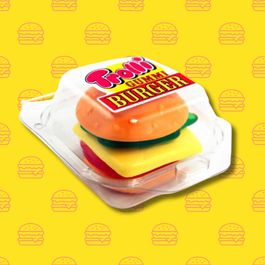 Image d'un mini emballage transparent qui renferme un mini burger jelly. Le burger est composé de pain, salade, fromage et steak. 