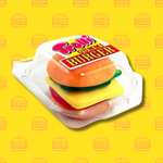 Image d'un mini emballage transparent qui renferme un mini burger jelly. Le burger est composé de pain, salade, fromage et steak. 