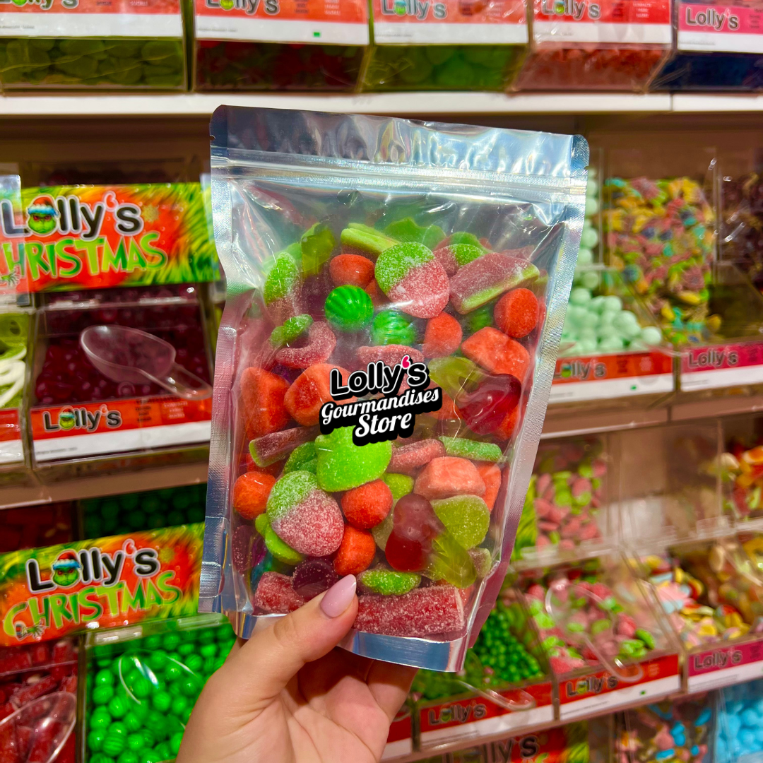 Mix de bonbons rouges et verts dans un sachet de 500g.