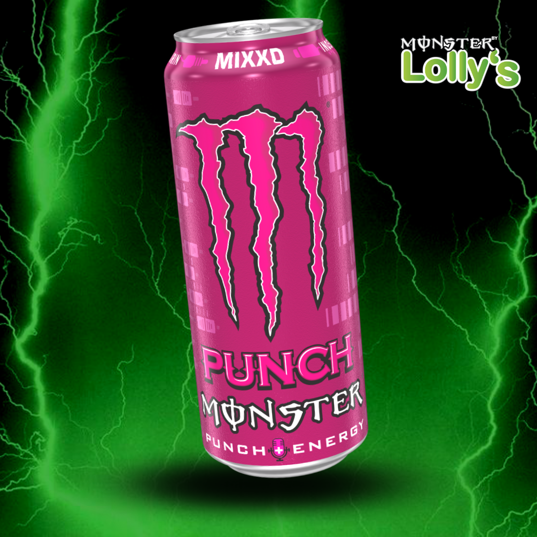 Sur cette image, il y a la Monster Energy Mixxd Punch au milieu avec un fond noir et des éclairs vert et un logo Monster x Lolly’s en haut à droite