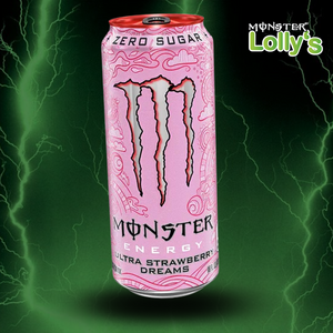 Sur cette image, il y a la Monster Energy Strawberry Dreams au milieu avec un fond noir et des éclairs vert et un logo Monster x Lolly’s en haut à droite