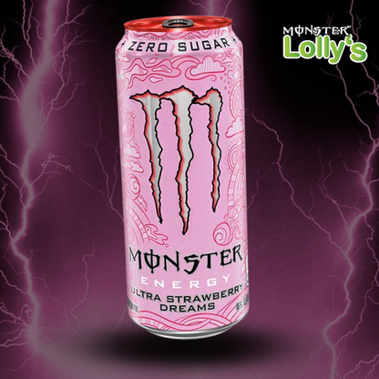 Sur cette image, il y a la Monster Energy Strawberry Dreams au milieu avec un fond noir et des éclairs roses et un logo Monster x Lolly’s en haut à droite